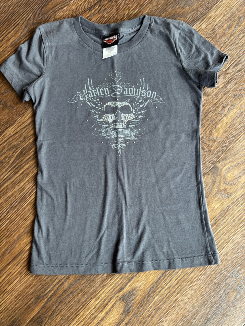 RARE Harley-Davidson Women's Gray Short Sleeve Tee with Skull Crest